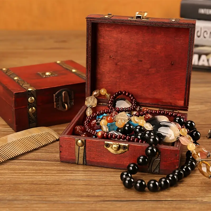 Retro Trinket Vintage Wooden Treasure Case Jewelry Storage Box Holder ...