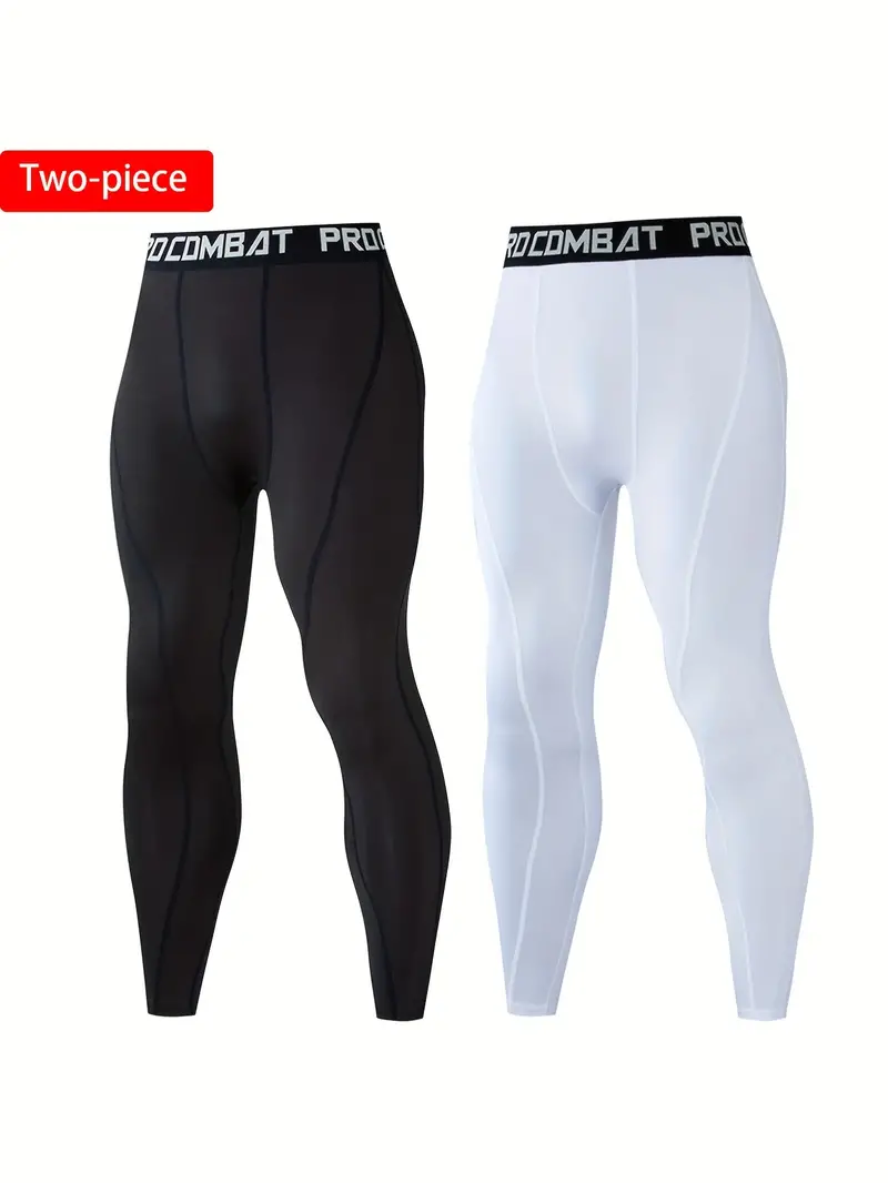 2pcs Men's Solid Compression Pants, Active Quick Dry High Stretch Base  Layer Sportswear For Sports Gym Running Riding Outdoor Indoor Activities