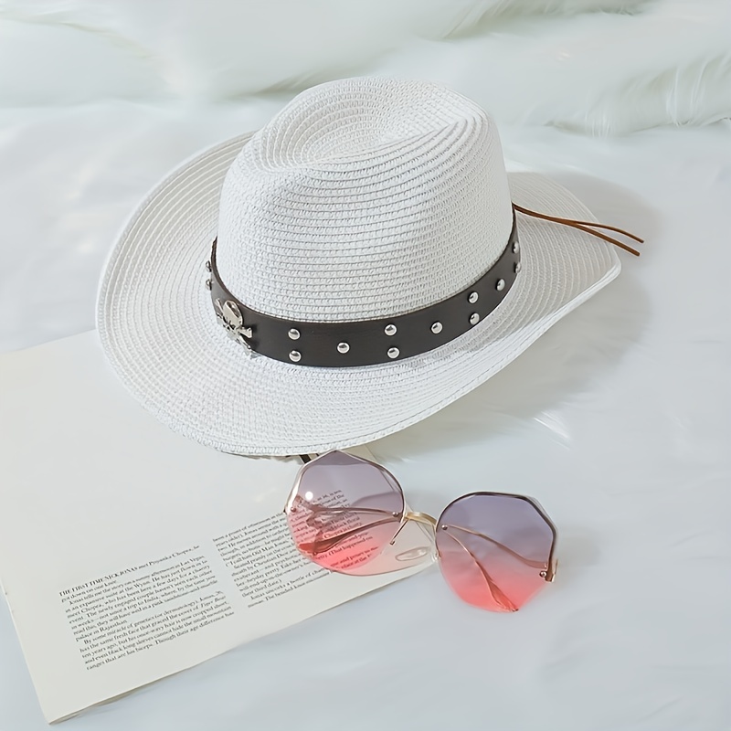Cowboy Hat & Sunglasses Set Skull Belt Straw Sun Hat