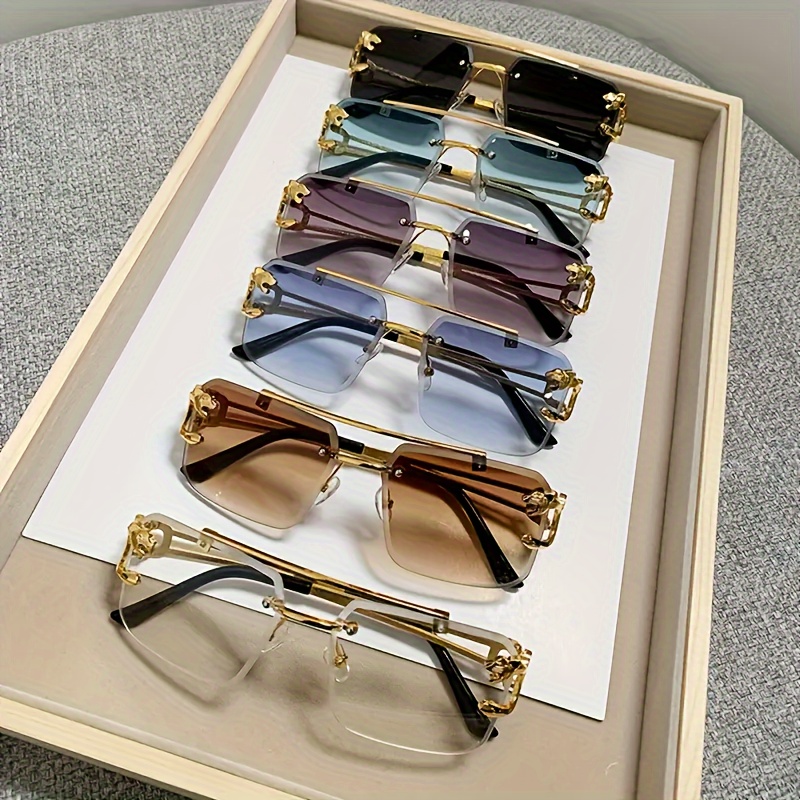 

6pairs, Elegant Cool Trendy Large Square Frame Rimless Fashion Glasses, Leopard Design Temples Metal Vintage Fashion Glasses, For Men Women Outdoor Party Vacation Travel Driving Decors Photo Props