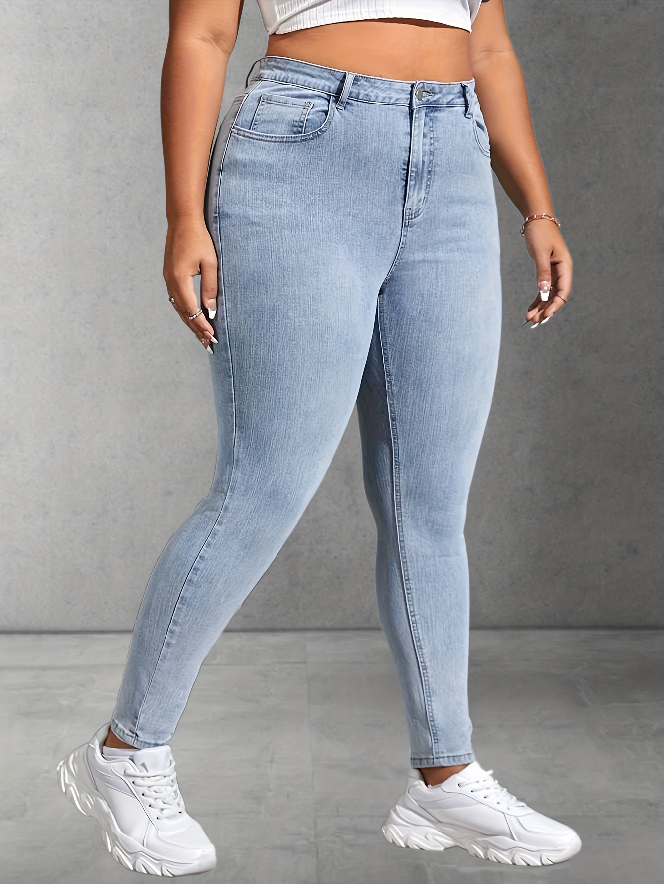 Plus Size Fashion Jeans, Women's Plus High Rise Hollow Out Slight Stretch  Denim Jeans