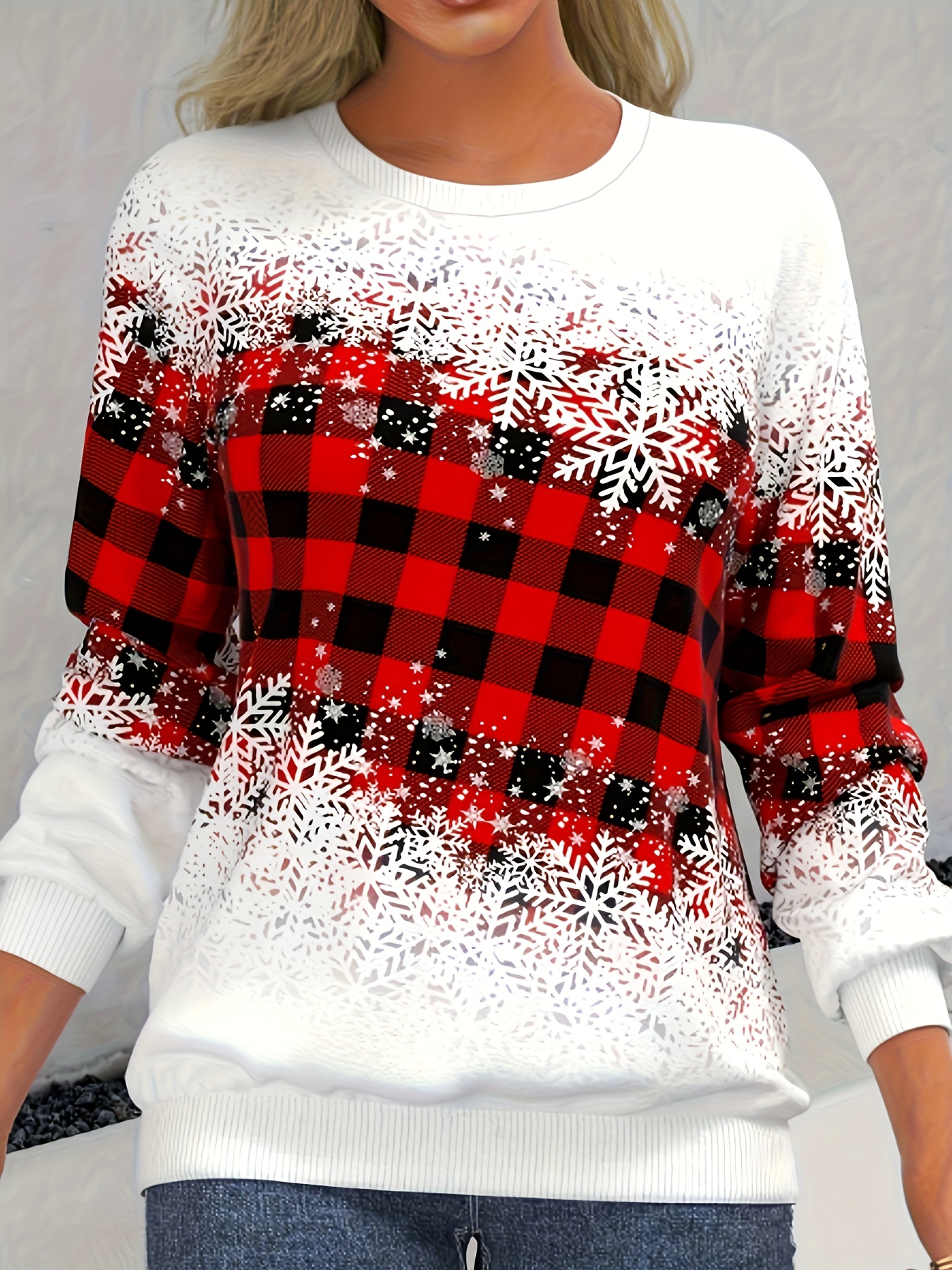 Plaid Pattern Crew Neck Pullover Sweater Casual Long Sleeve - Temu