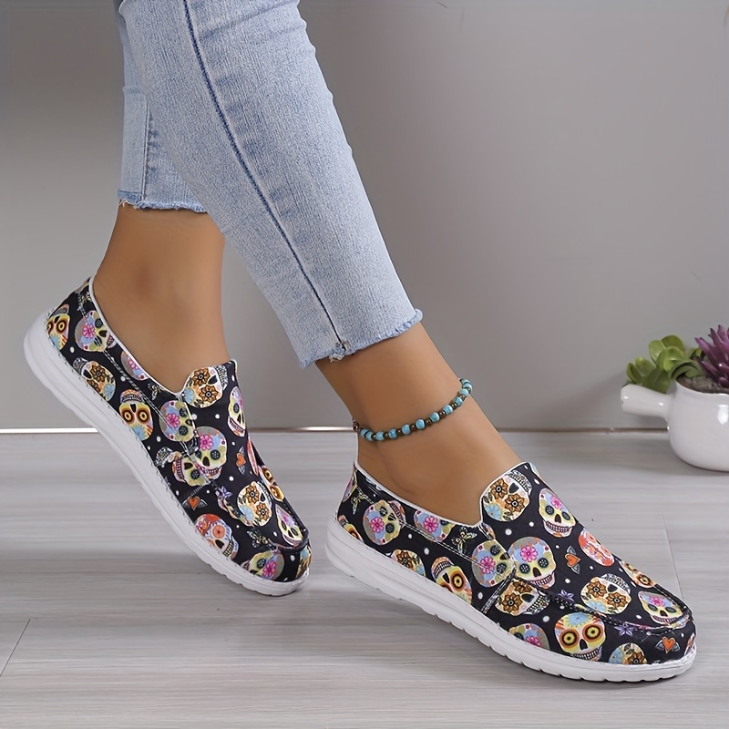 Colorful Skull Pattern Canvas Slip On Loafers Halloween Shoes