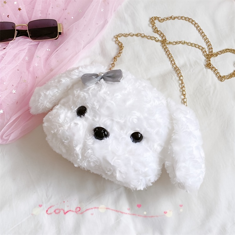 kawaii bunny Crossbody bag,cartoon Plush Rabbit wallets,cute Lolita Handbag  for women, Lovely Fluffy animal purse (pearl chain) white
