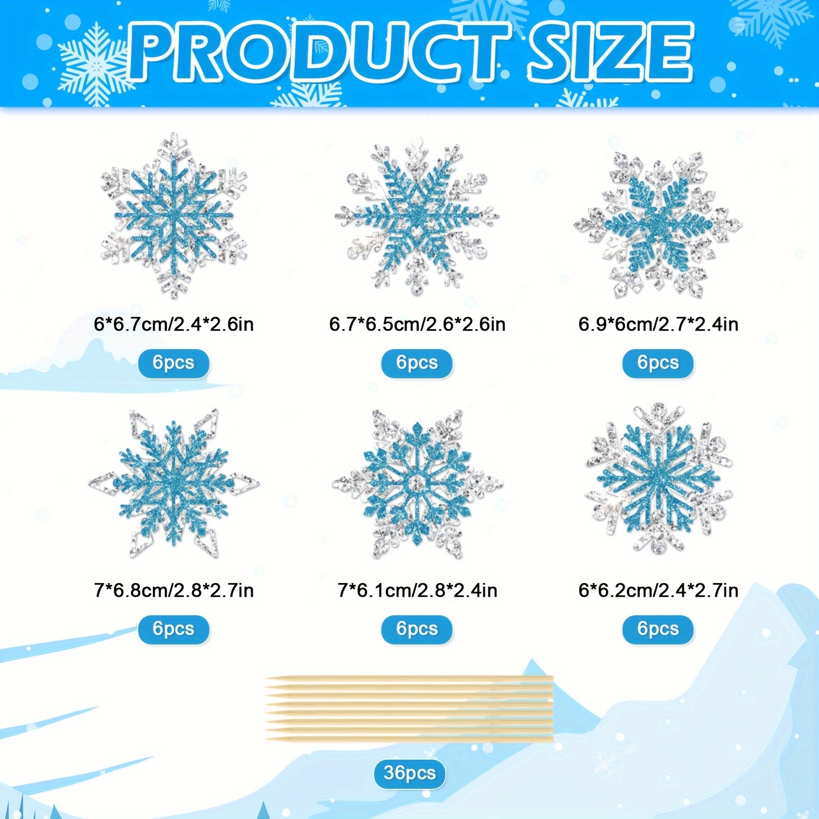 36 PCS Snowflake Cupcake Toppers Glitter Winter Frozen Theme