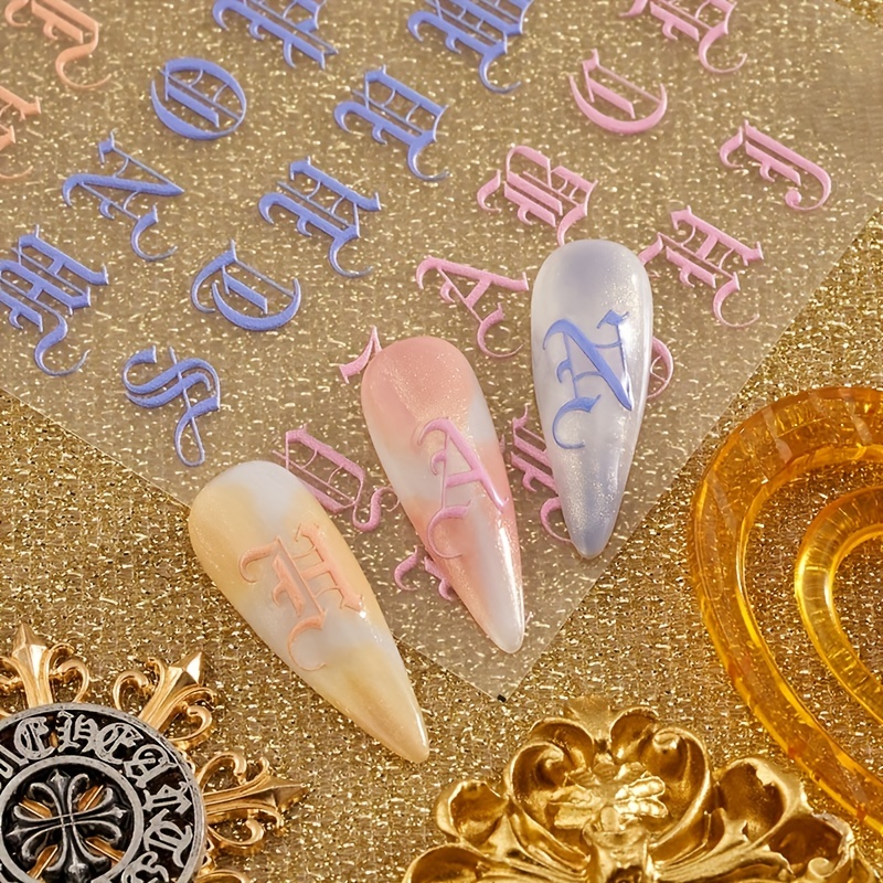 12 Sheets Letter Nail Art Stickers - Alphabet Nail Decals - 3D Self-Adhesive  Nail Art Supplies - Holographic Old English Character Nail Stickers English  Font Designs Manicure Decorations Accessories