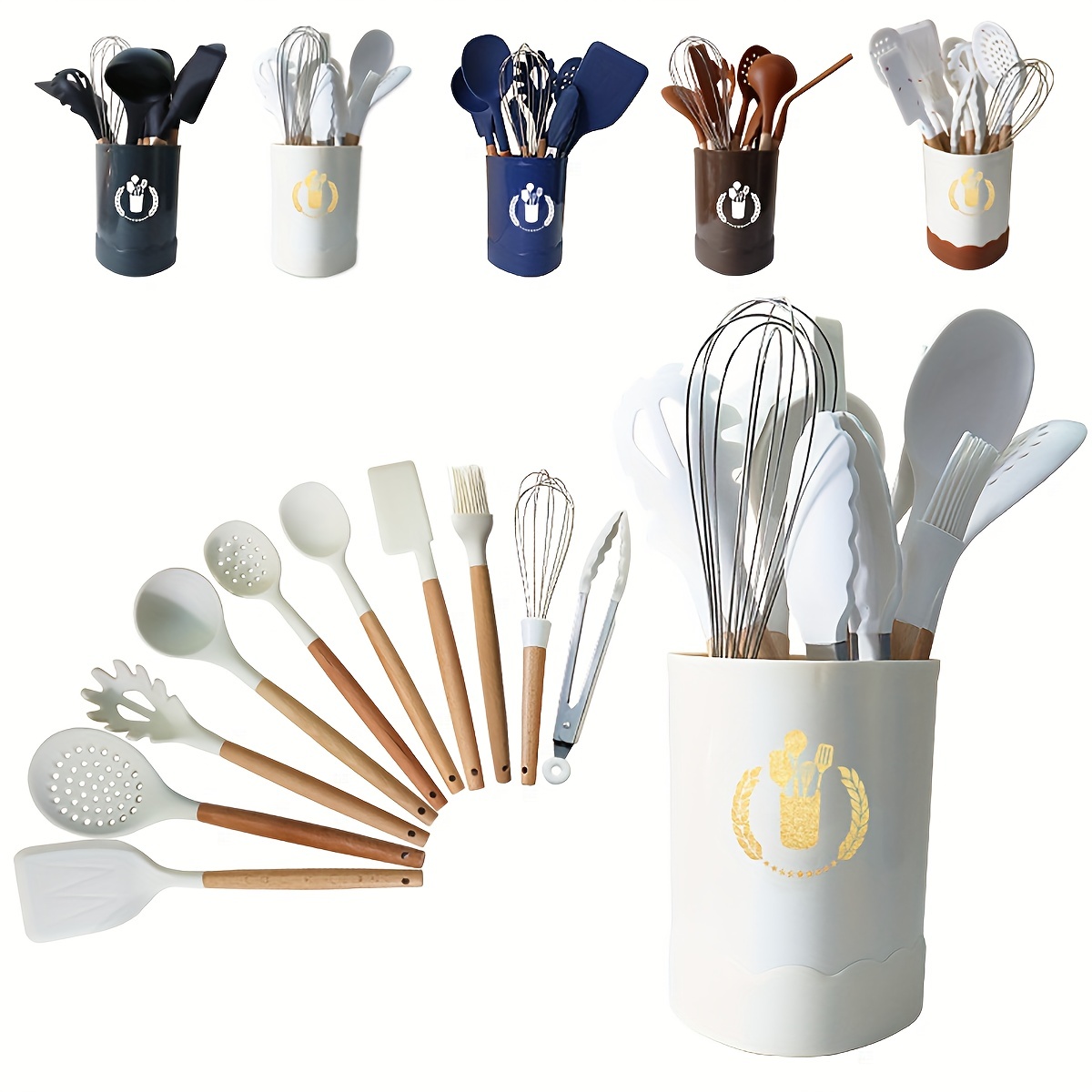 Silicone Utensil Set, Kitchen Utensil Set, Safety Cooking Utensils Set With  Holder, Non-stick Cooking Utensils Set With Wooden Handle, Washable Modern  Cookware, Kitchen Stuff, Kitchen Gadgets, Kitchen Essentials, Chrismas  Halloween Gifts 