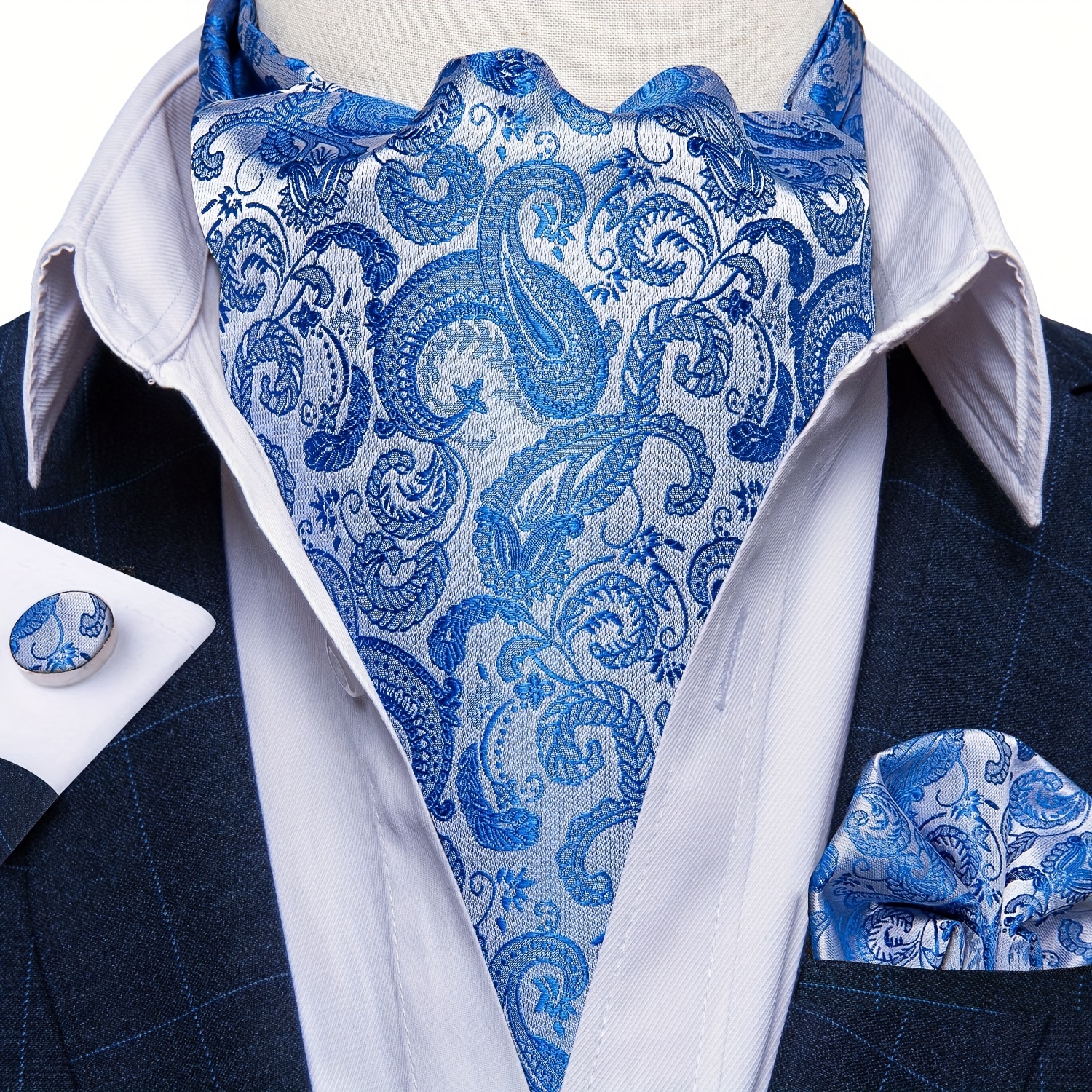100 Silk Scarf Vintage Paisley Men Square Neckerchief Suit Shirt Cravat  Blue