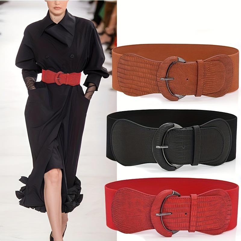 3 Pieces Wide Elastic Belts Women Vintage Drawstring Stretch Fashion Dress  Belts Pu Leather Buckle B