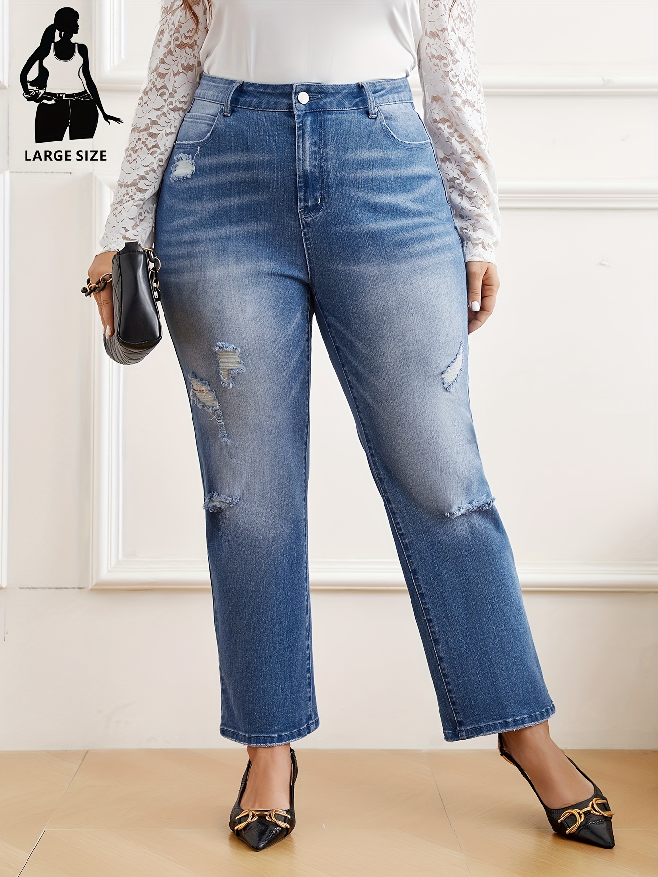 Plus Size Casual Jeans Women's Plus Solid Distressed Button - Temu