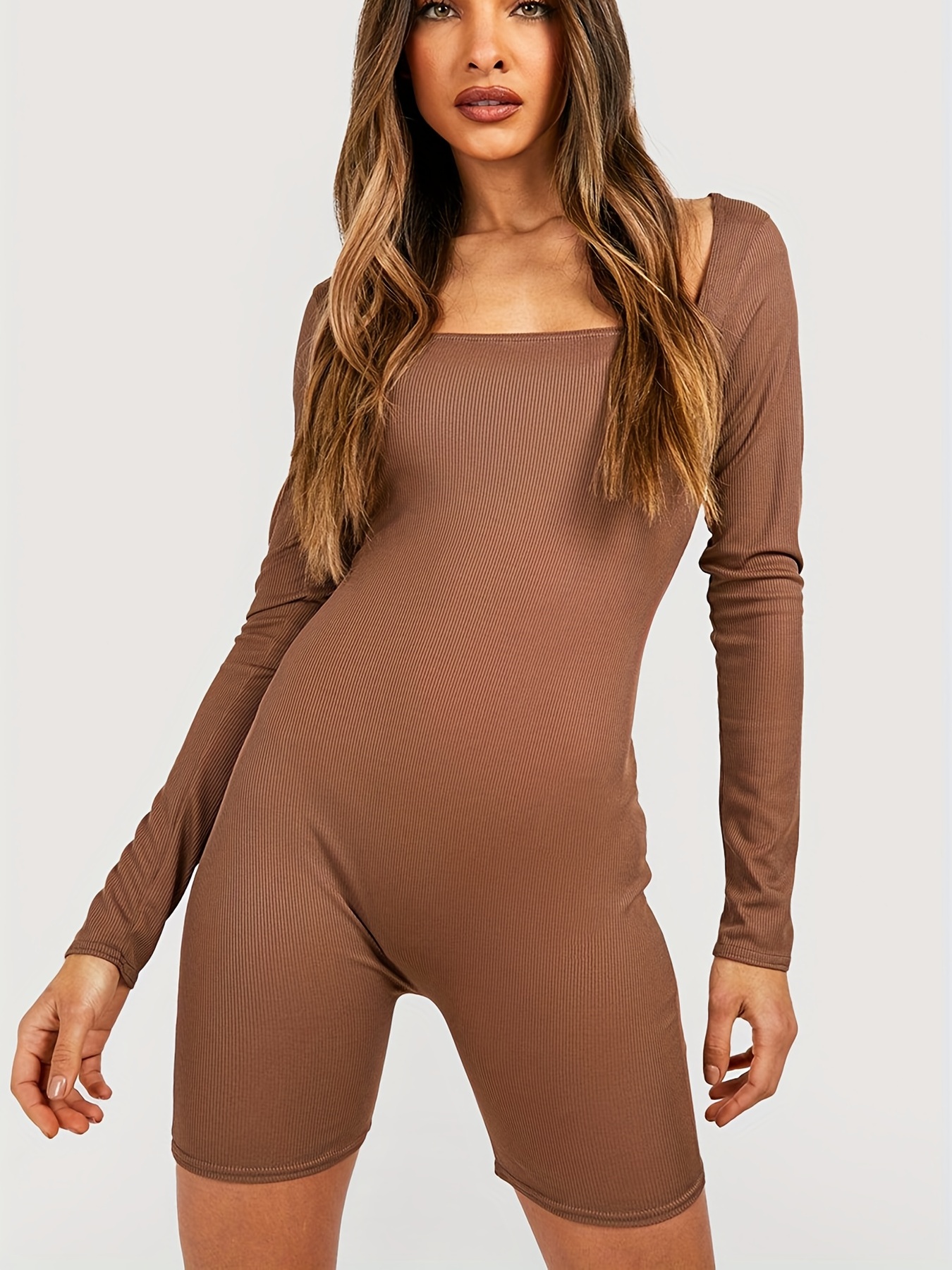 Women's Square Neck Long Sleeve Bodycon Bodysuit - Temu