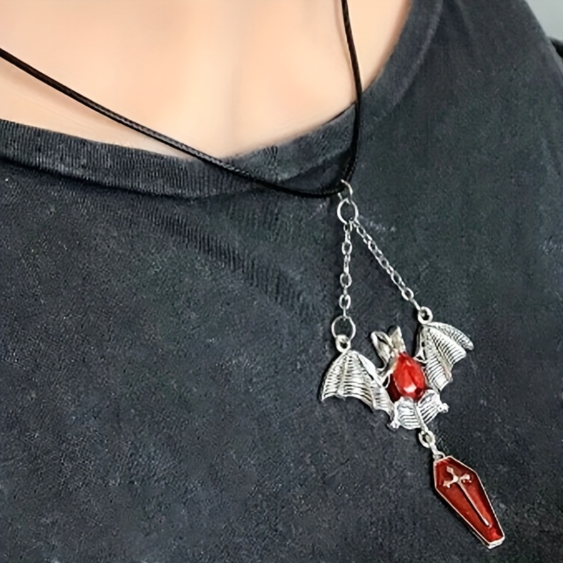 1pc Silver and Red Bat Coffin Gothic Halloween Bohemian Black Rope Necklace for Men,Temu