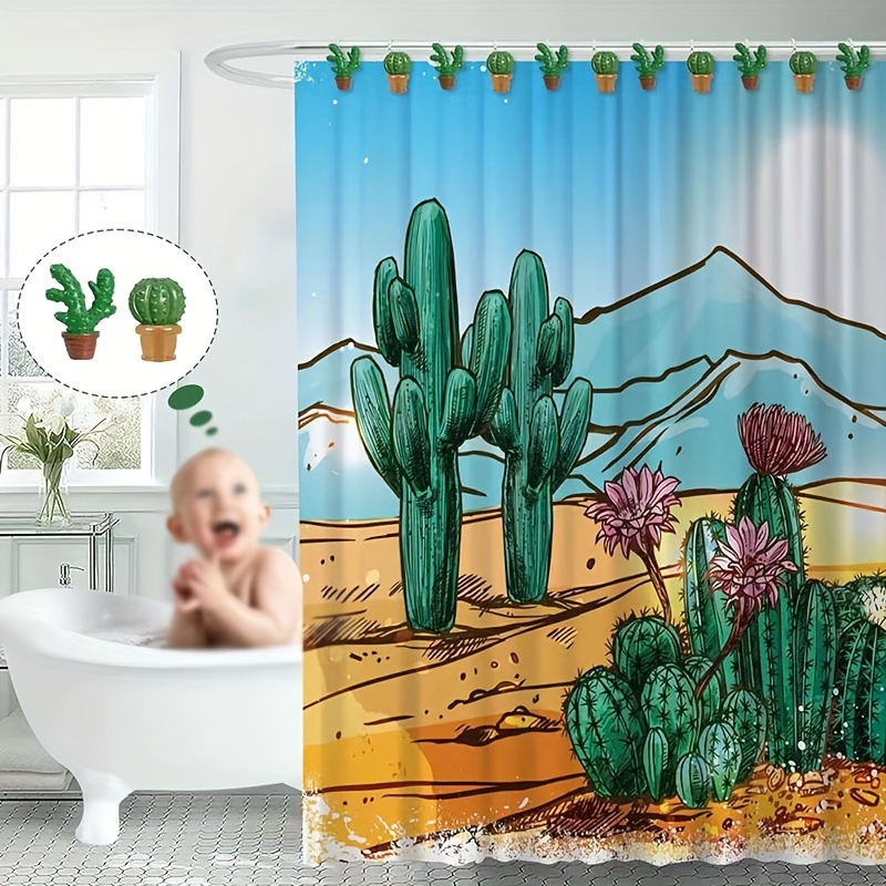 Green Cactus Shower Curtain Hooks Decorative Shower Curtain - Temu
