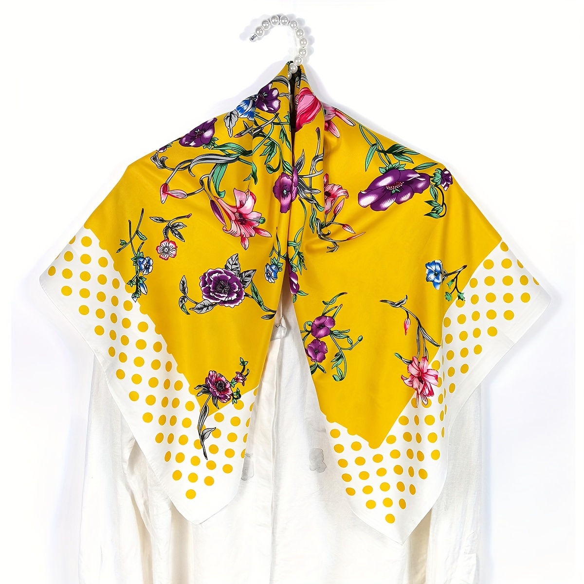Polka Dot Flower Print Shawl Boho Twill Silk Square Scarf Vintage Neckerchief