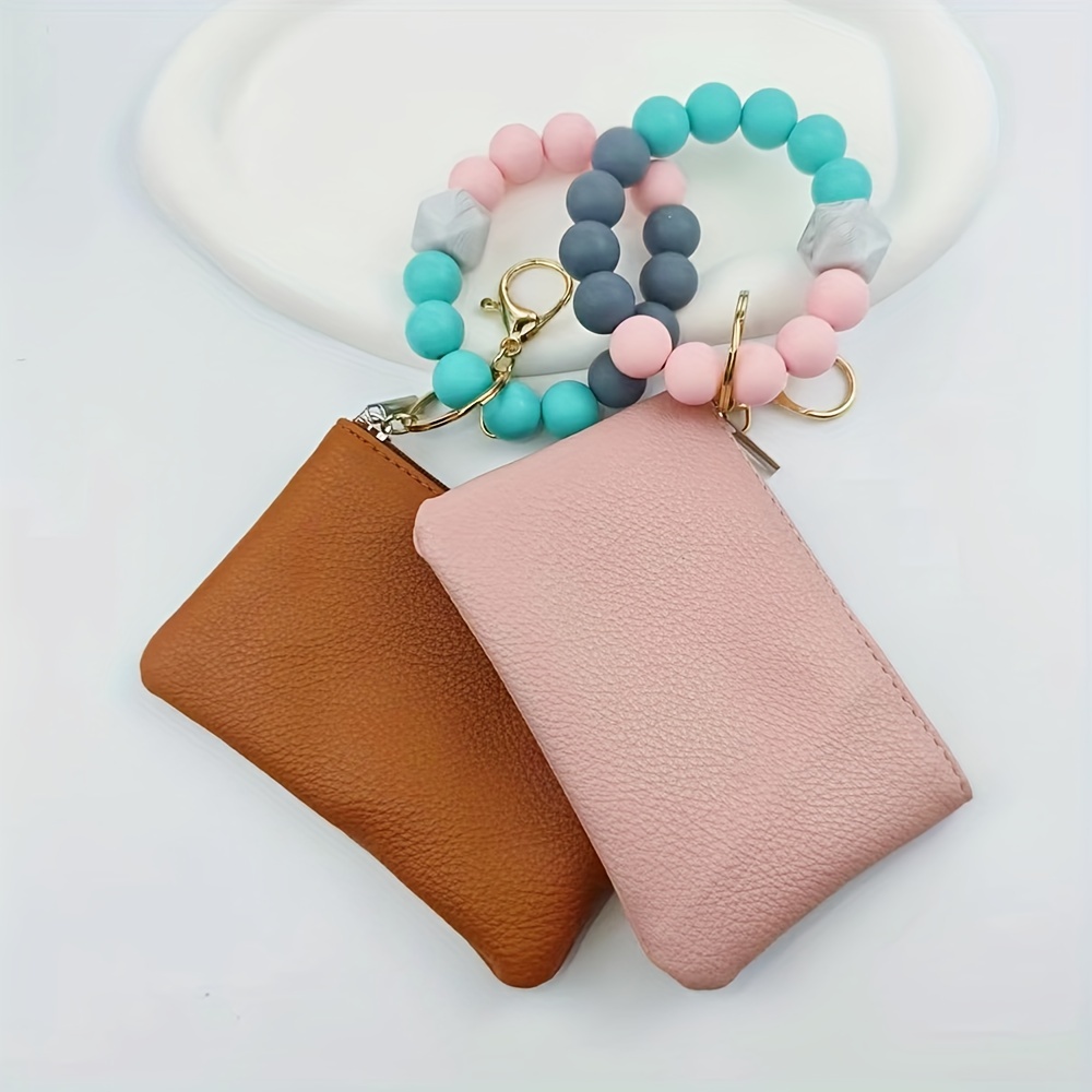 Wristlet Keychain Wallet w/ Silicone Beads & Tassel - Pink