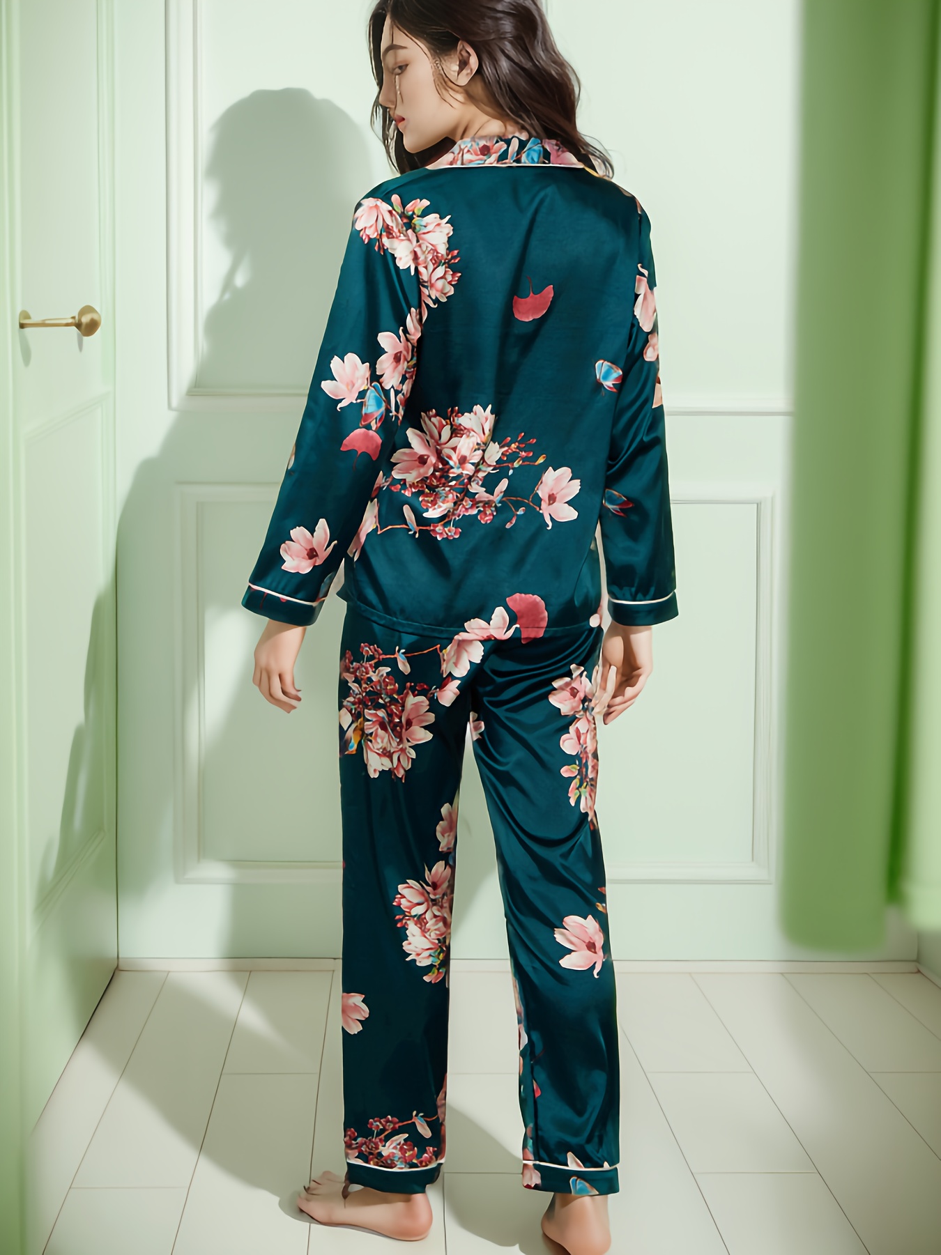 Floral Print Satin Pajama Set, Long Sleeve Button Up Lapel Top & Elastic  Waistband Pants, Women's Sleepwear & Loungewear
