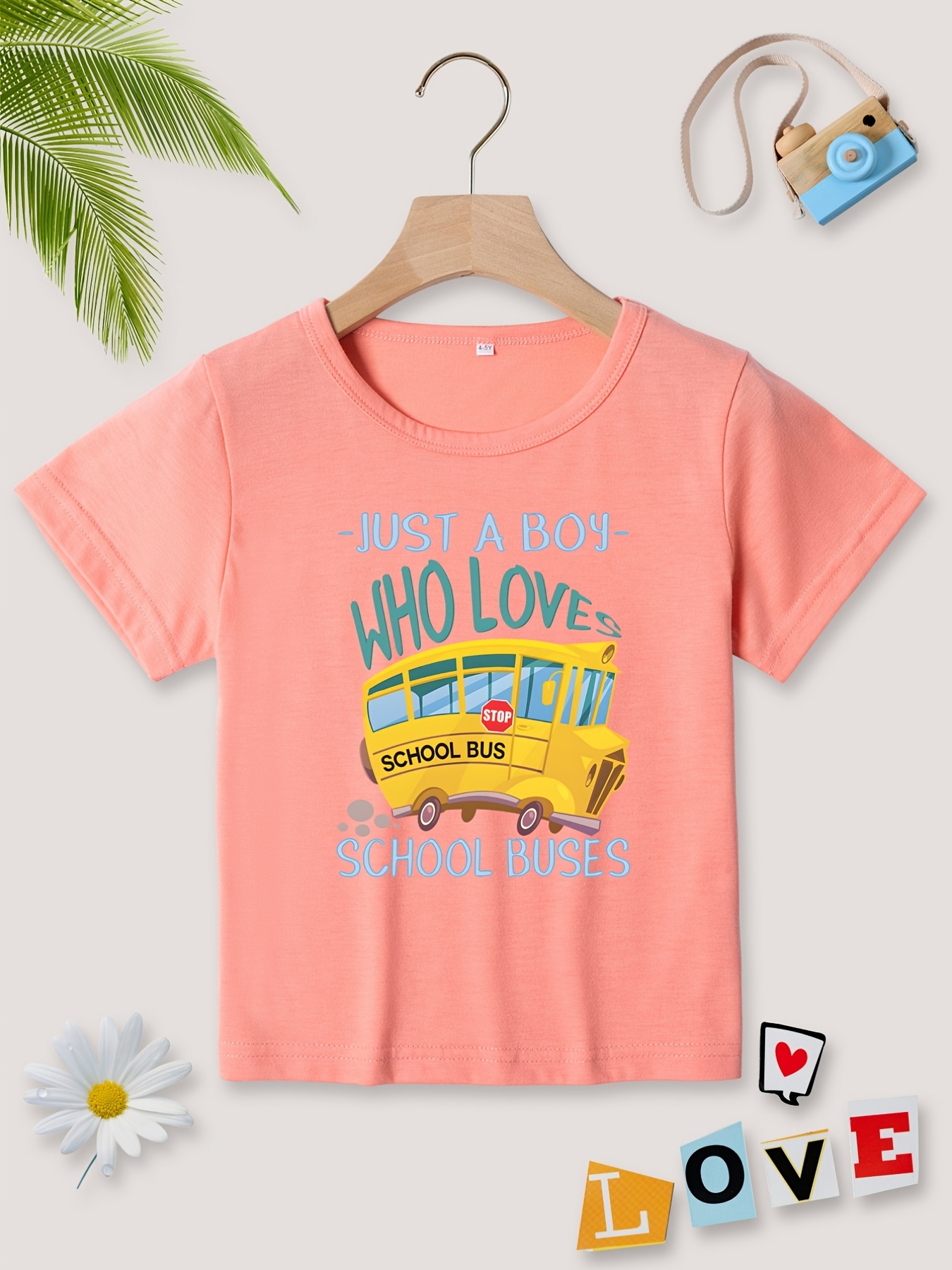 A Boy Loves School Buses Letter Print Boys Creative T shirt - Temu Ireland