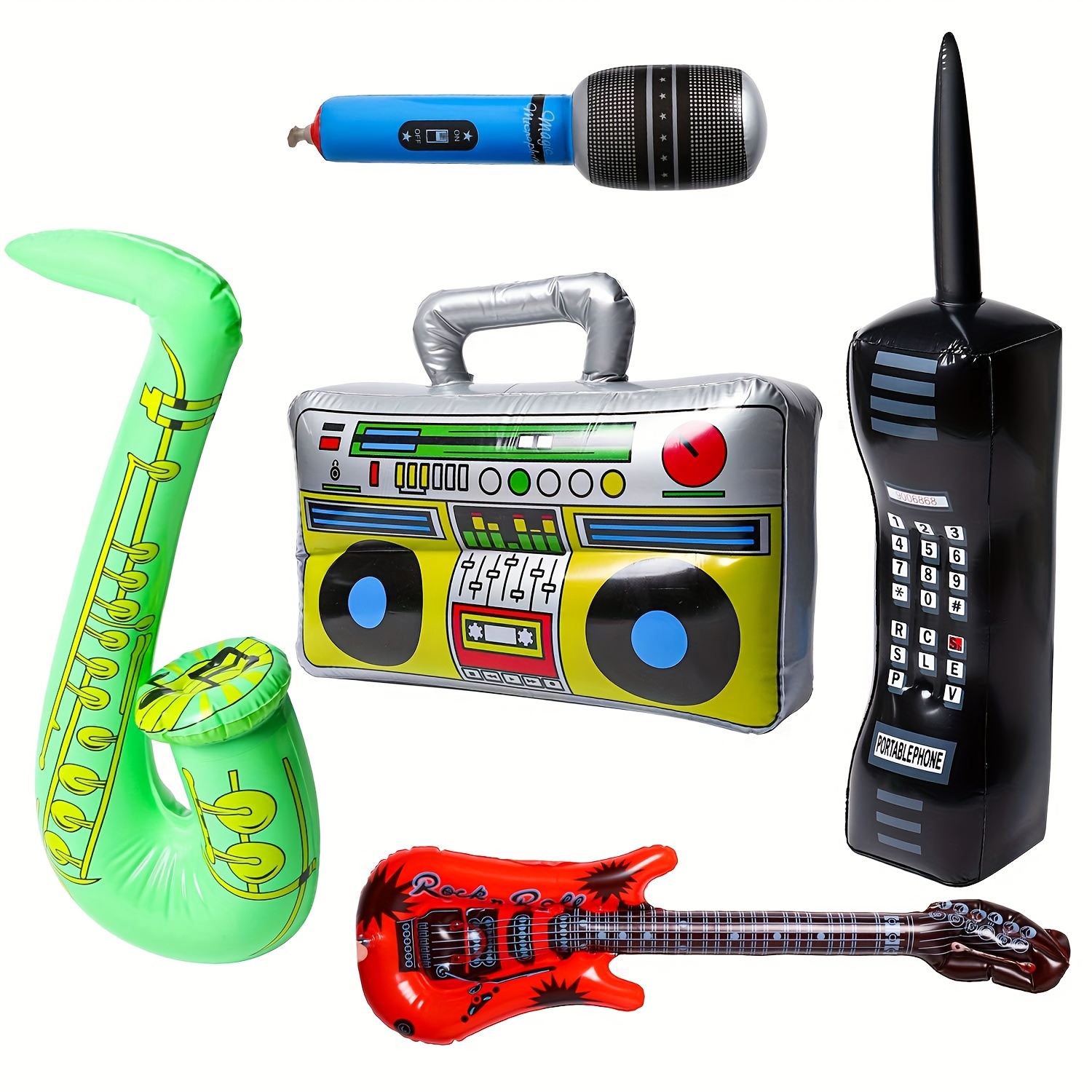 

5pcs, Inflatable Rock Star Party Favor, Inflatable Boom Box Mobile Phone Guitar Party Props For 80's 90's Party Decorations-color Random