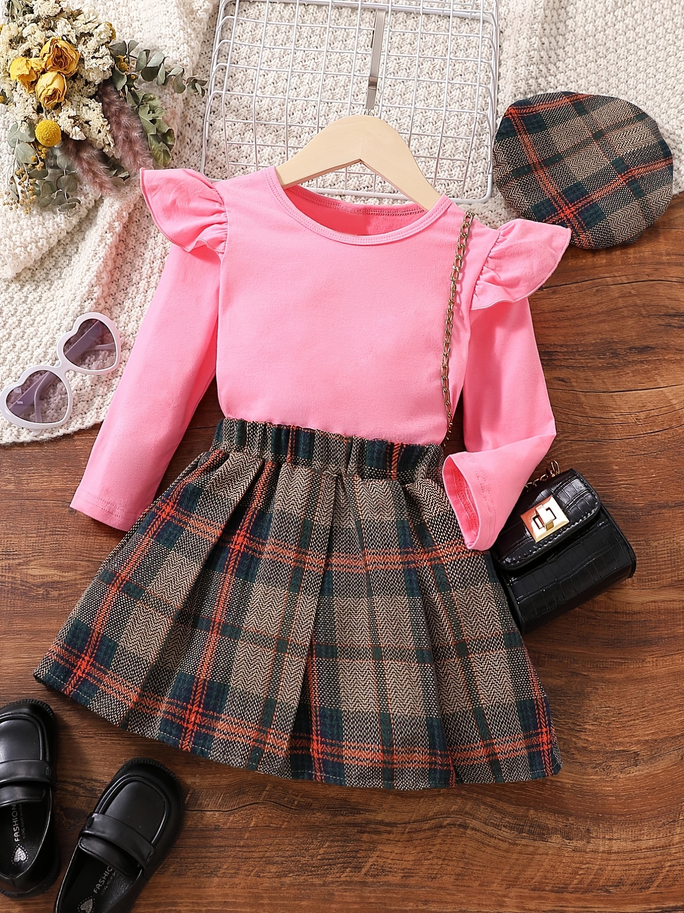 Girls Ruffle Long Sleeve Top + Matching Plaid Skirt Set Kids Clothes ...