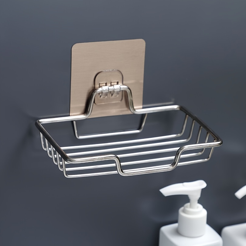 Shower Soap Holder with 4 Hooks, 304 Stainless Steel Adhesive Soap Dish,  Silver