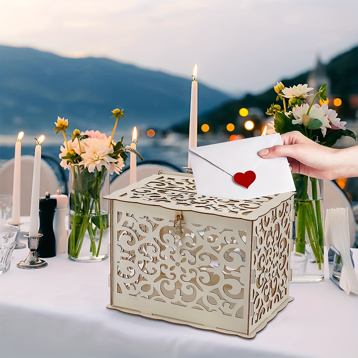 Caja de mensajes de libro de invitados de corazón de madera, titular de la  tarjeta de regalo, decoración romántica de la firma de