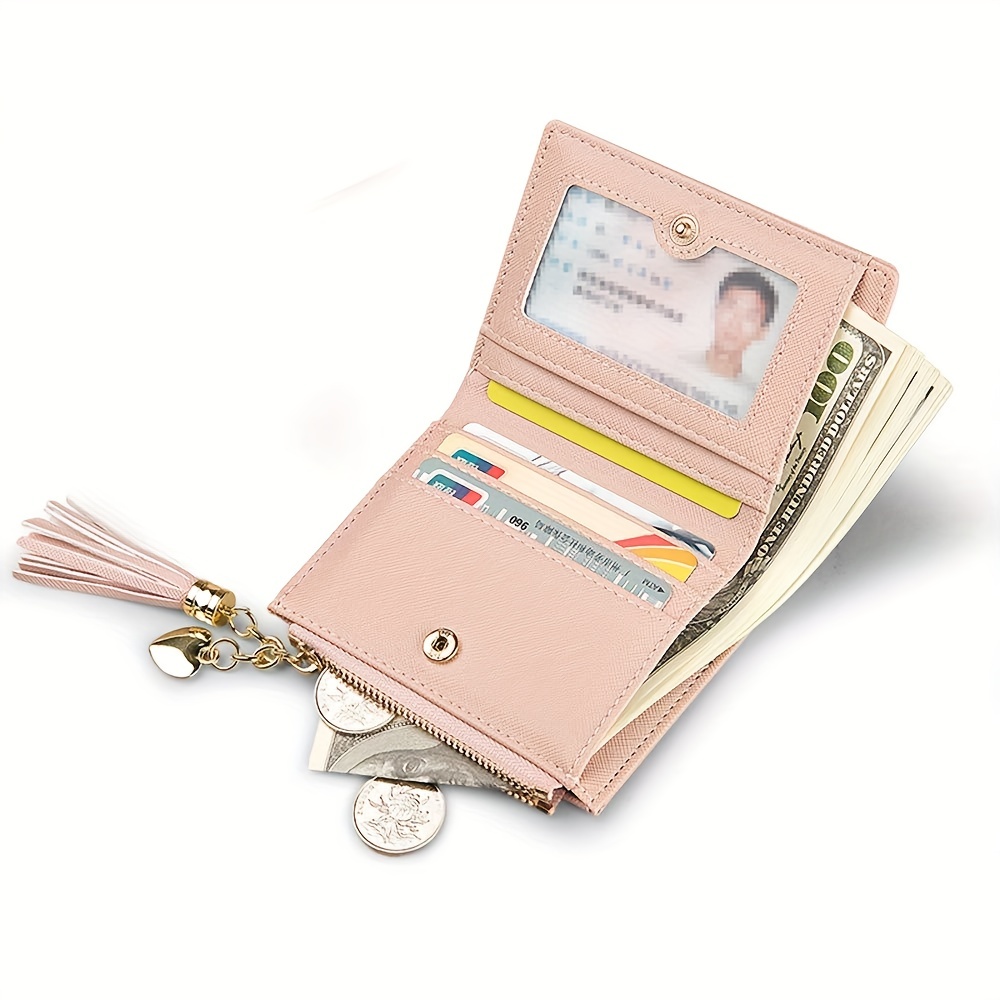 Small Letter Graphic Short Wallet, Tassel Decor Credit Card Holder, Foldable Coin Purse With Zipper