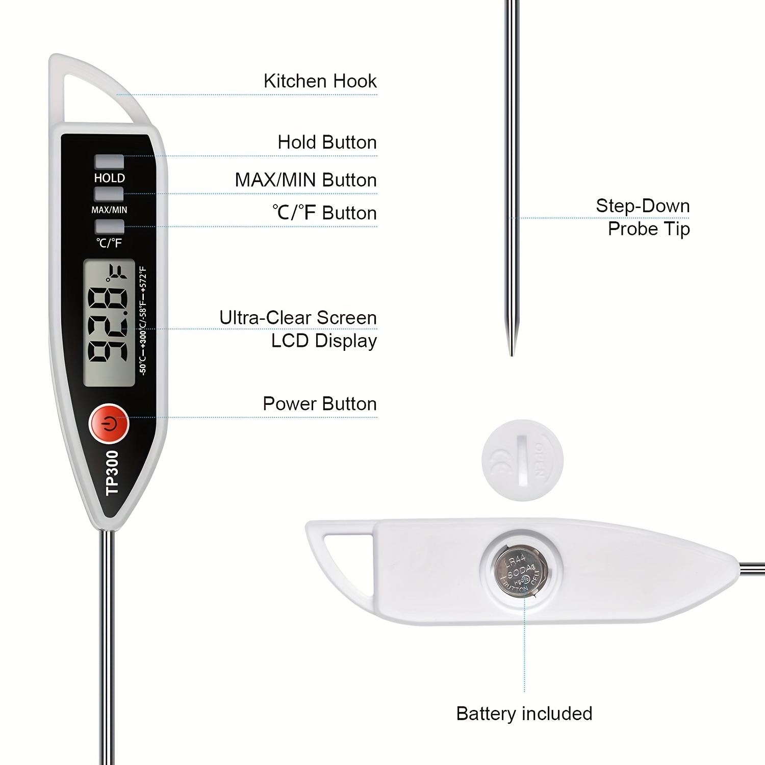 Meat Grill Thermometer, Battery Operated Food Thermometer with 4