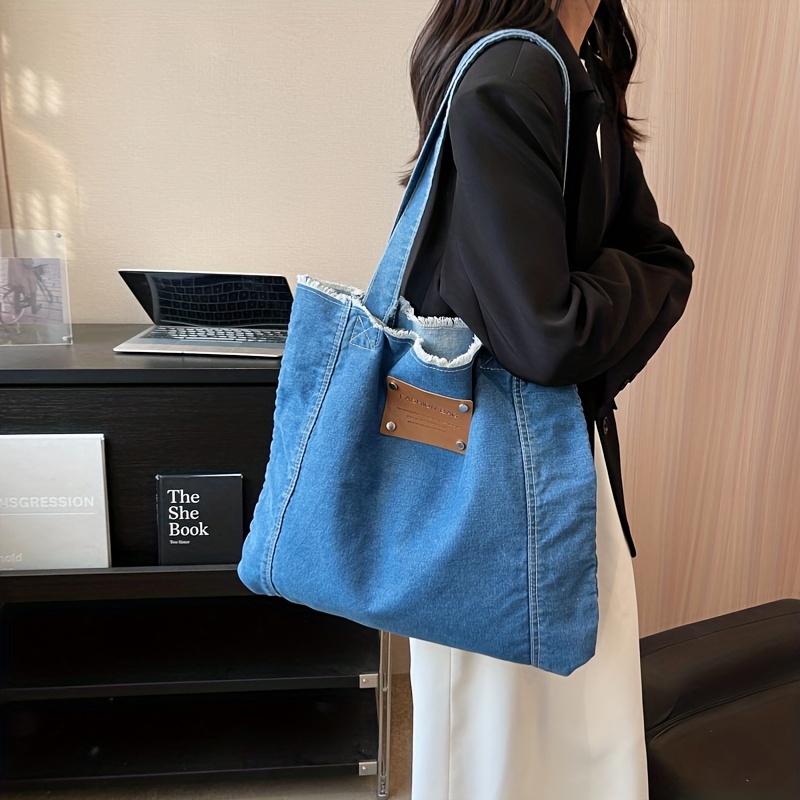 Blue Denim Color Canvas Shoulder Bag, Vintage Chain Tote Bag, Women's Large  Capacity Handbag With Ruched Strap - Temu Germany