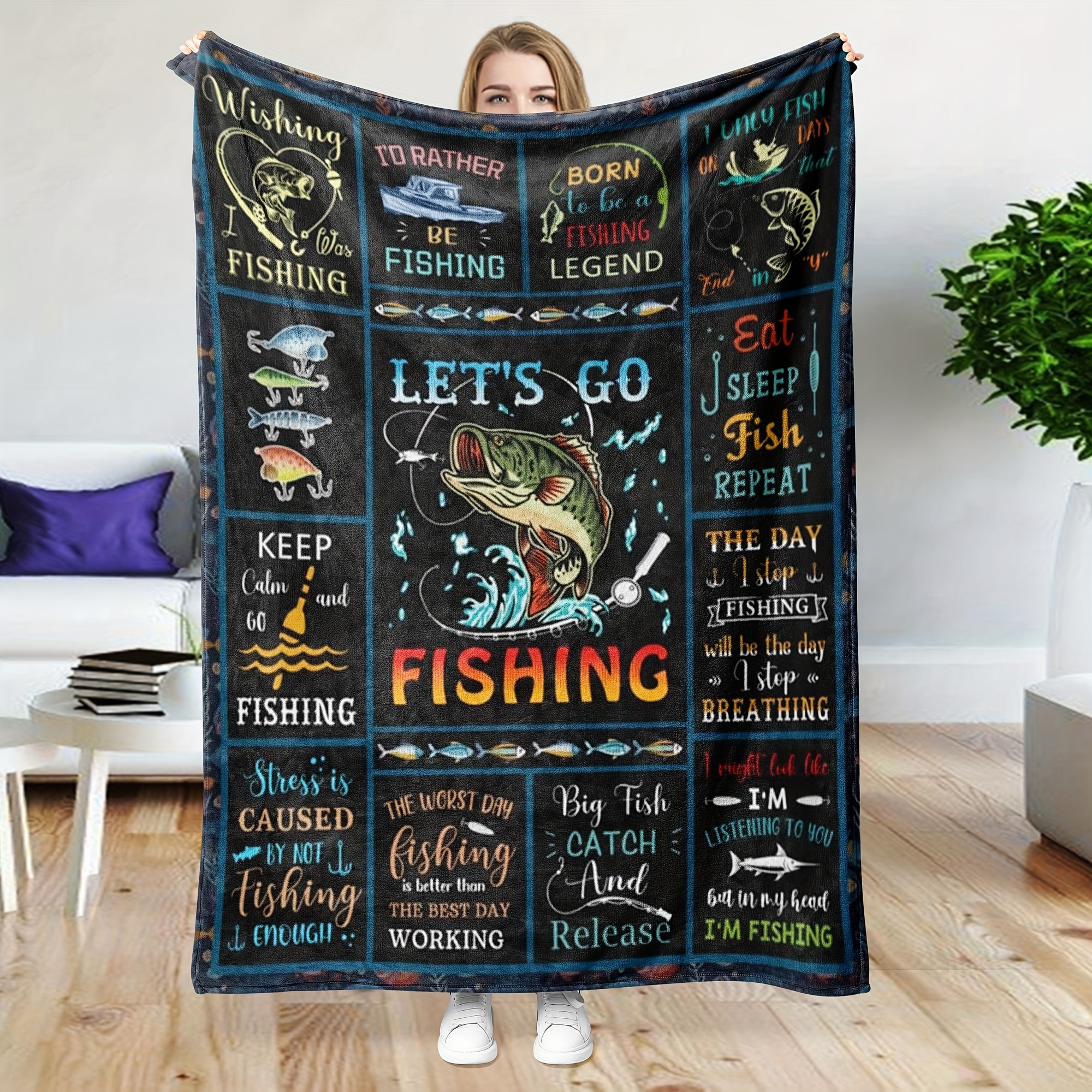 Fishing Gifts for Men, Funny Fishing Gifts 50x60 Inches Fishing Blanket for Boys Soft Flannel Throw Blankets for Fishing Lovers