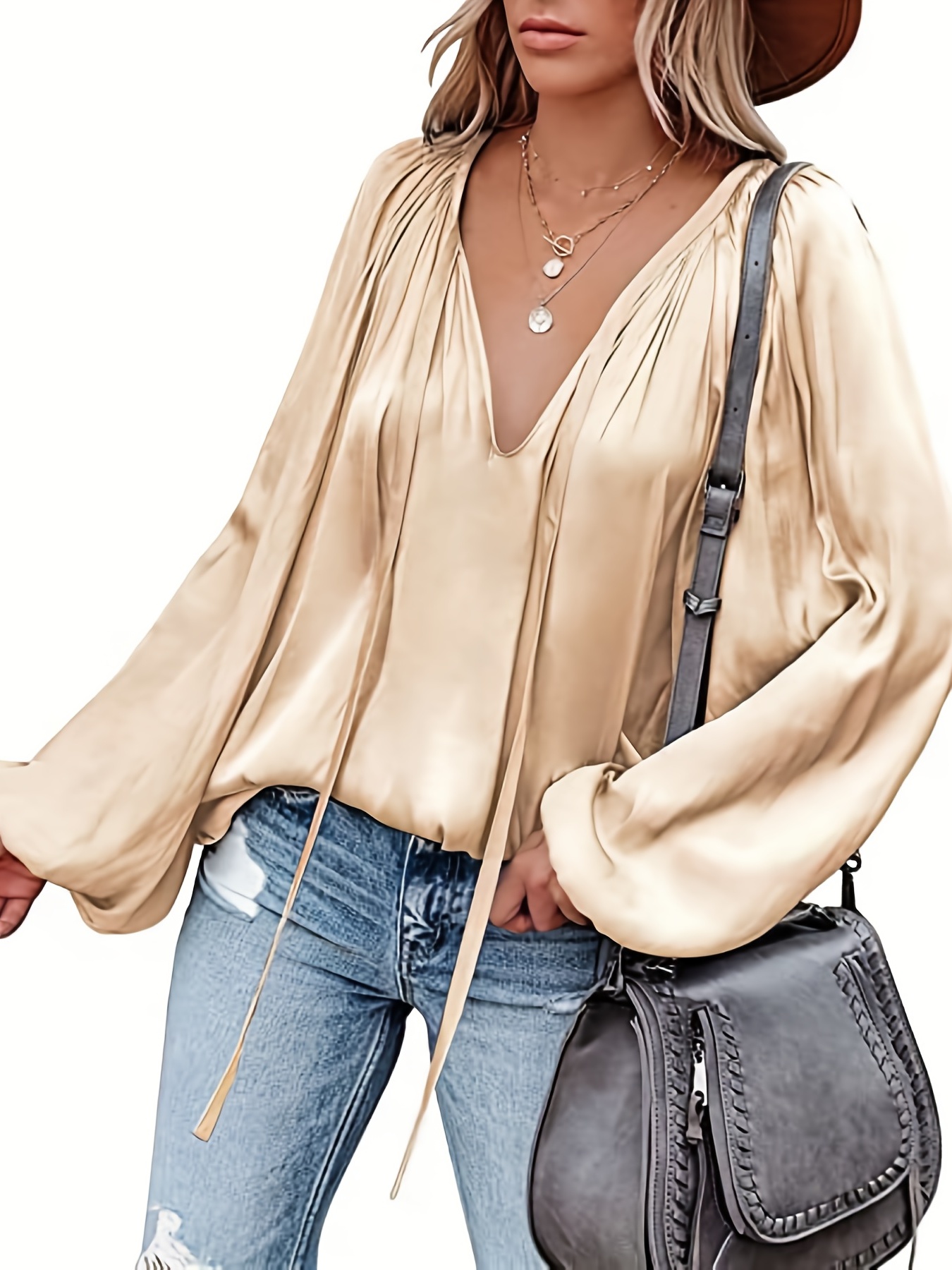 Satin Women's Blouse Solid Tops V-Neck with Scarf Slimming Spring Basic  Blouse
