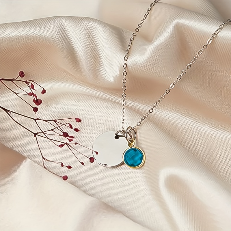 TEMU Personalized Custom Laser Engraved Name And Anniversary Stainless Steel Round Pendant Necklace Birthstone Pendant Clavicle Chain Women's Jewelry