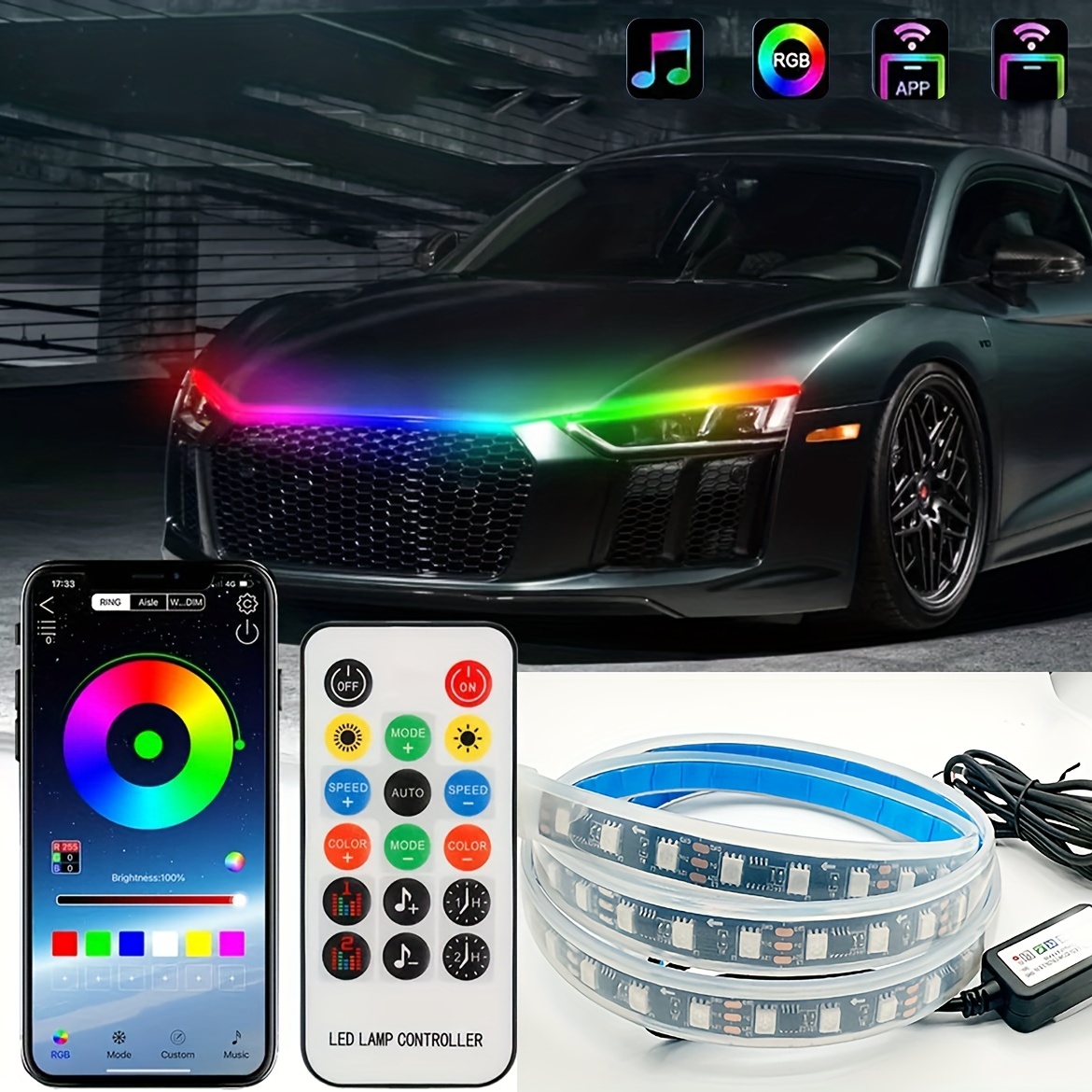 Tira LED para capó de coche, 60 pulgadas, color blanco, tira de luz LED  para cubierta de motor de automóvil, escaneo dinámico, kit de faros de