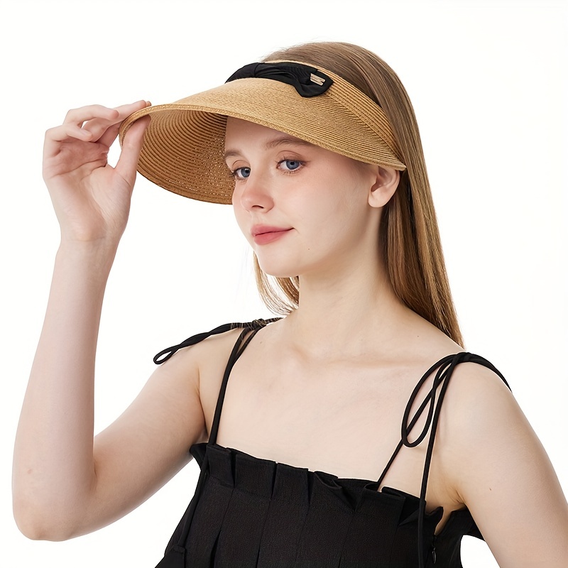 Straw Visor Hat with Bow Decor Wide Brim UV Protection