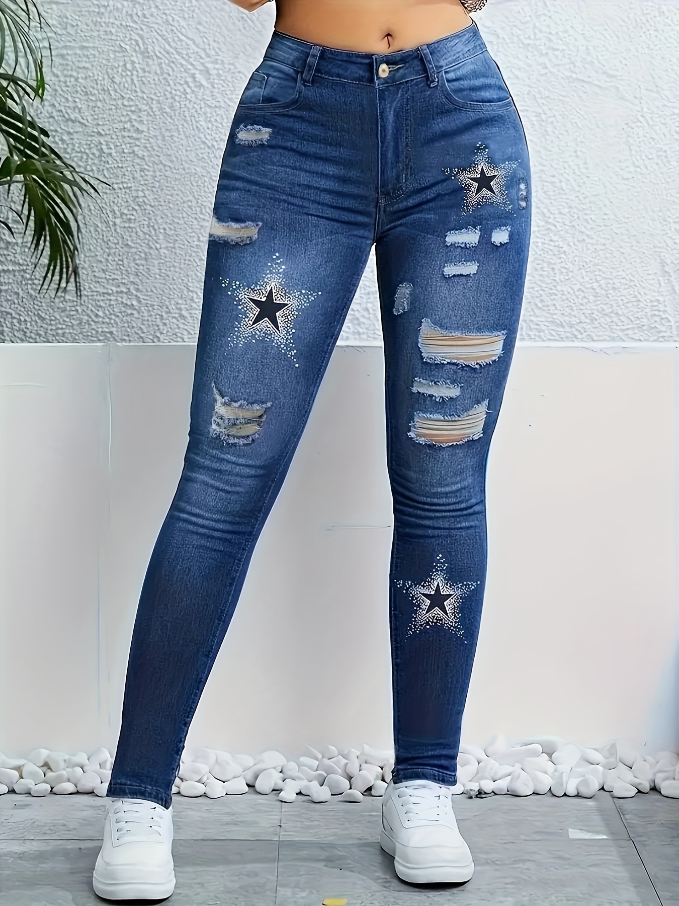 Pantalones Mezclilla Tiro Alto Estampado Estrellas Jeans - Temu Chile