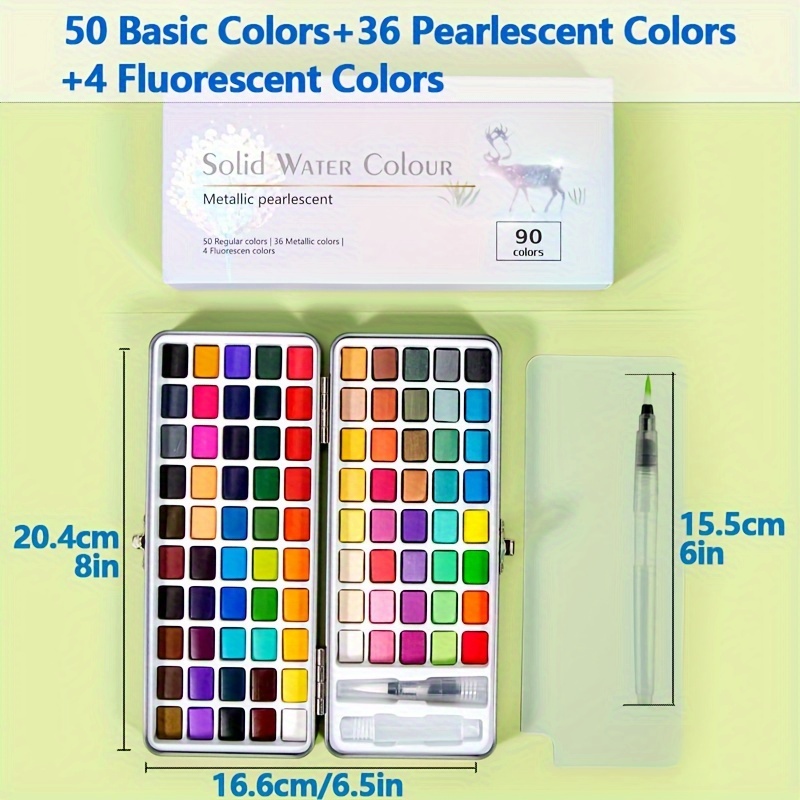 90 Color Solid Watercolor Paint Set Basic Neone Glitter - Temu