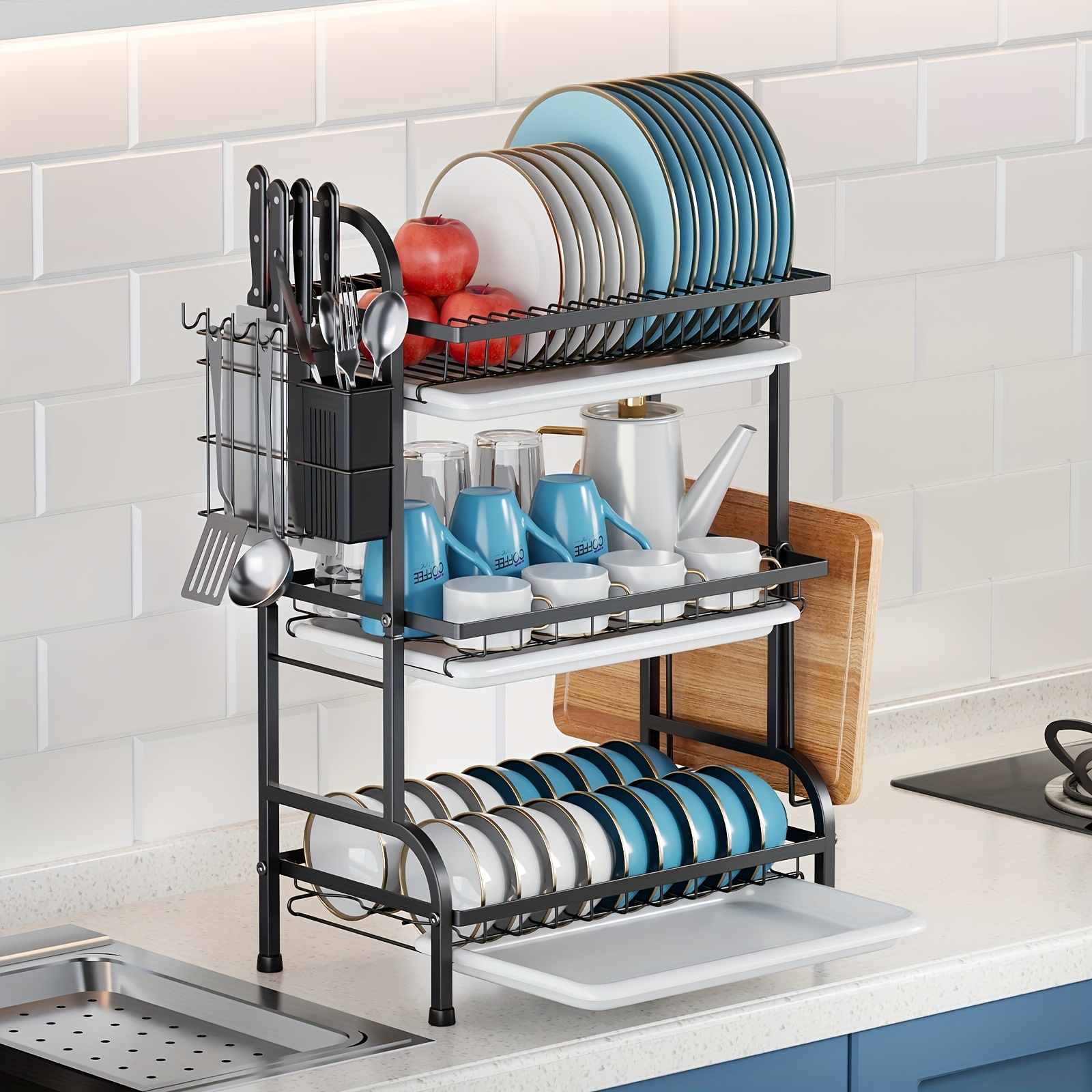 2-tier Dish Drying Rack For Kitchen, With Drainboard Rust-resistant Compact Dish  Drainer, With Utensil Holder, Cutting Board Holder, For Kitchen Counter,  Black - Temu
