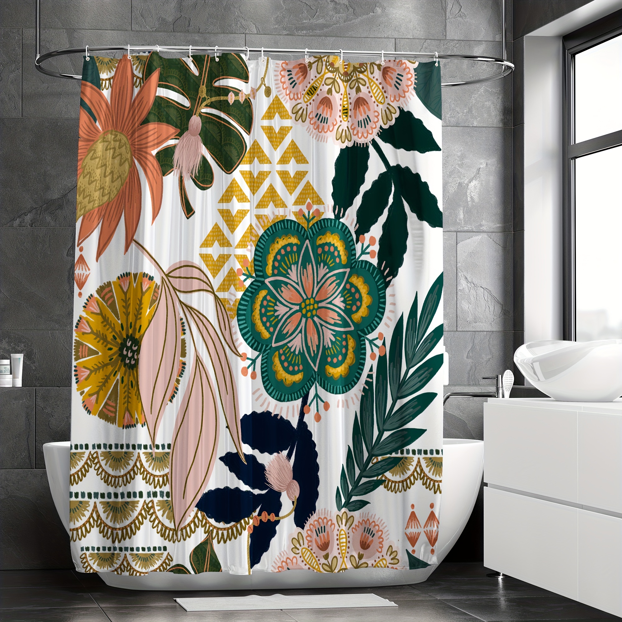 Fabric Bath Curtain Decor Vintage Boho Floral 12 Hooks - Temu Canada