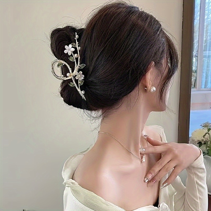 

Elegant Flower Leaf Decorative Hair Claw Clips Faux Pear And Rhinestone Hair Clips Hair Styling Tools Graceful Hair Decoration For Women And Girls