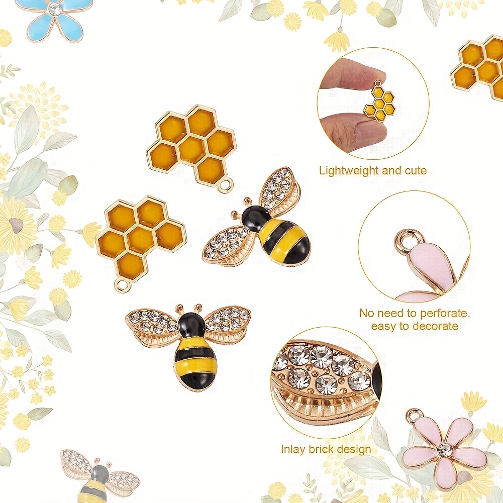 24PCS Alloy Enamel Bee Charms Gold Honey Bees with Crystal