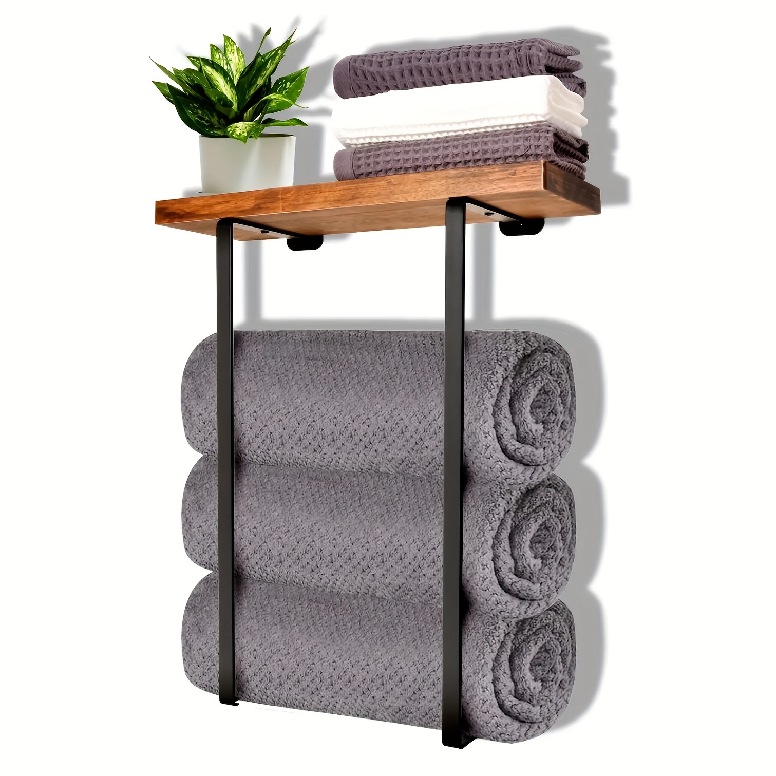 Toalleros para baño montado en la pared, soporte adhesivo para toallas con  estante y 3 ganchos para baño pequeño, almacenamiento de toallas de metal