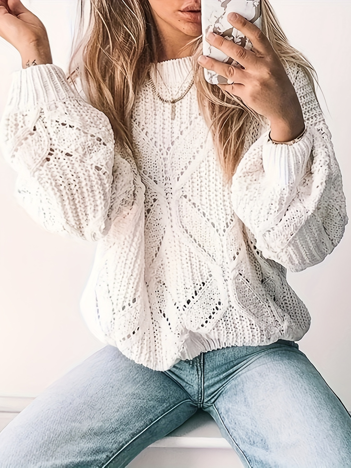 Pointelle Knit Crew Neck Sweater Casual Long Sleeve Sweater - Temu