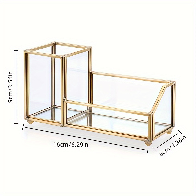 Glass Business Card Holder With Pen Pencil Holder Cup Golden Metal Name Card Display Organizer Desktop Business Card Storage Case For Office Desk, 2 Slots