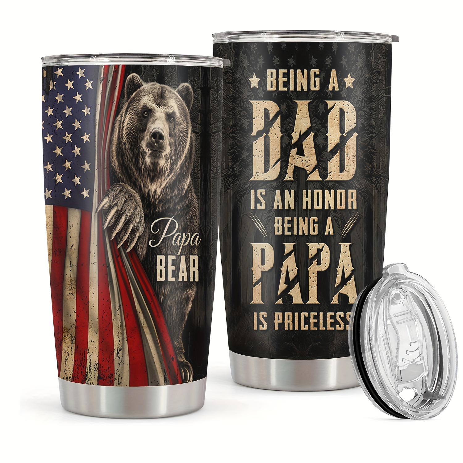 

1pc 20oz Stainless Steel Tumbler, Bear Dad Papa Print Double Wall Vacuum Insulated Travel Mug, Gifts For Parents, Relatives And Friends, Birthday Gifts, Valentine's Day Gifts, Father's Day Gifts