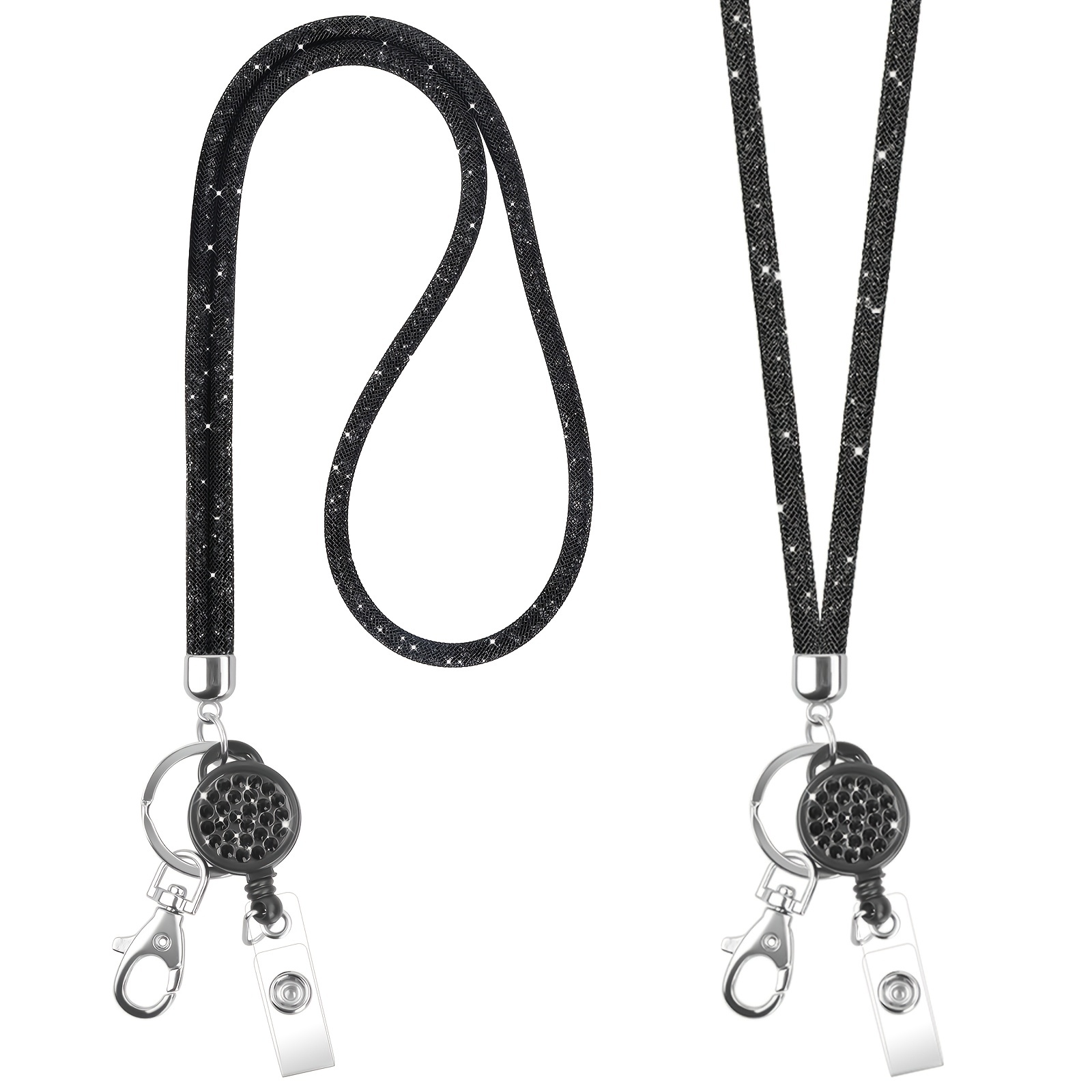 2pcs Rhinestone Lanyard Strap With Retractable Badge Reel And Keyring,  Necklaces Lanyards For ID Card, Badge, Keys, Black