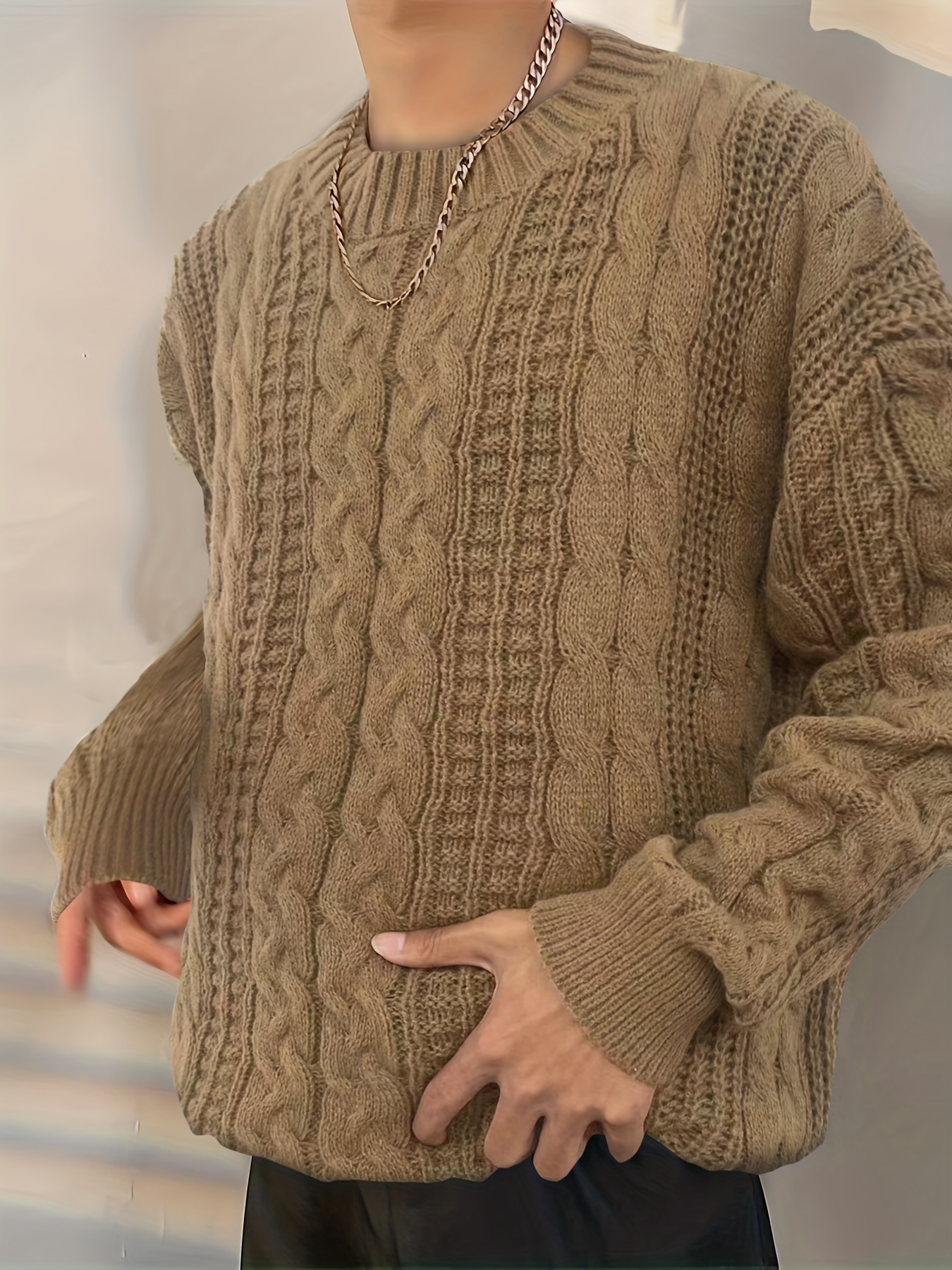Suéter De Cuello Redondo De Punto Para Hombre, Cálido Y Casual, De Media  Elasticidad, Para Otoño E Invierno