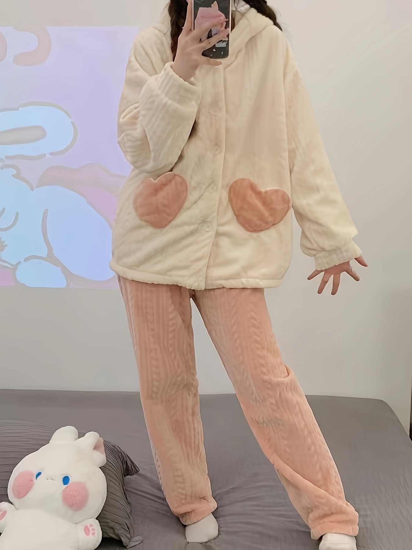 Soft Cute Thick Fuzzy Hoodie Pajamas Set Button Pajama - Temu