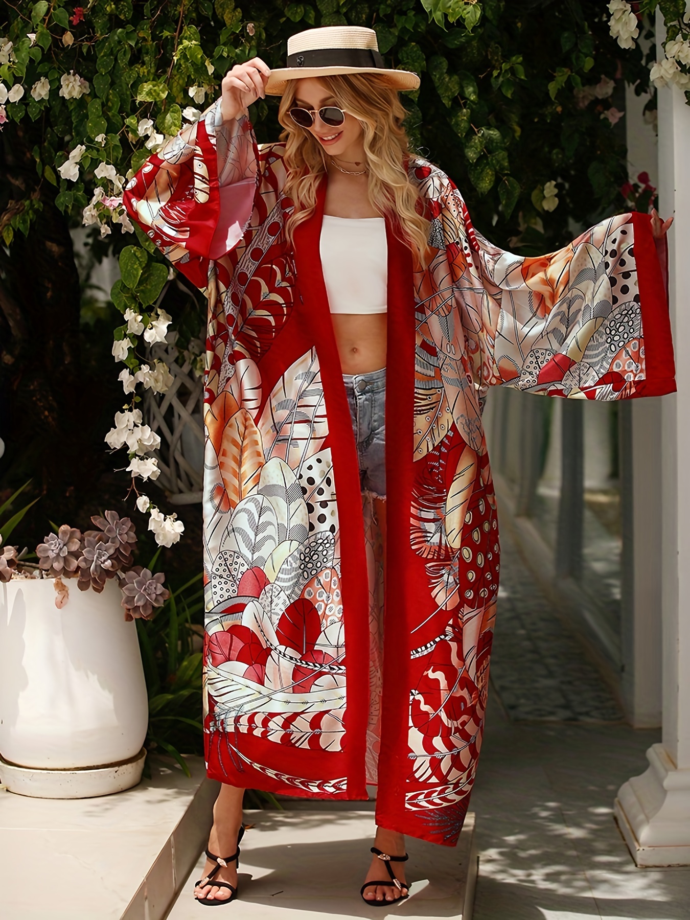 Plus Size Floral Swim Cover-Up Kimono