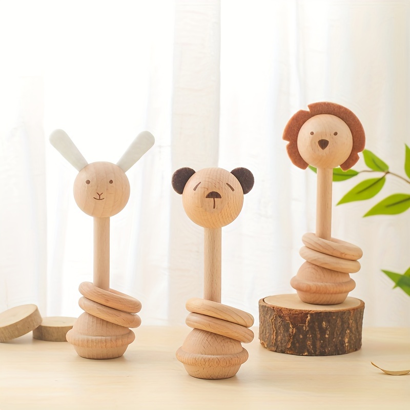 

Wooden Chewable Hand Rattle Wooden Toys Cartoon Animal Teething Rattles