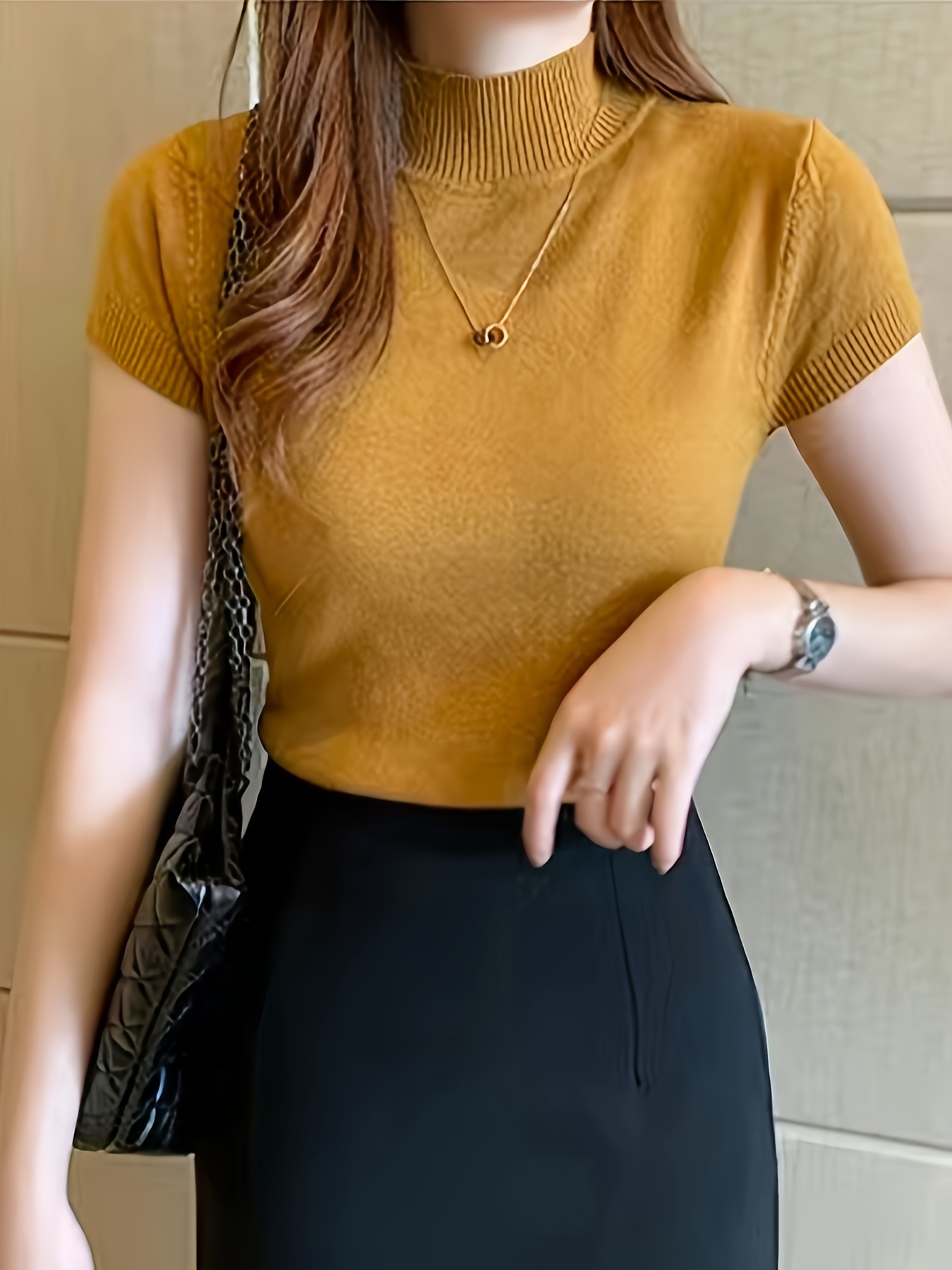 New Style Knitted Versatile Design Half-High Collar Short Sleeve Thin Pullover