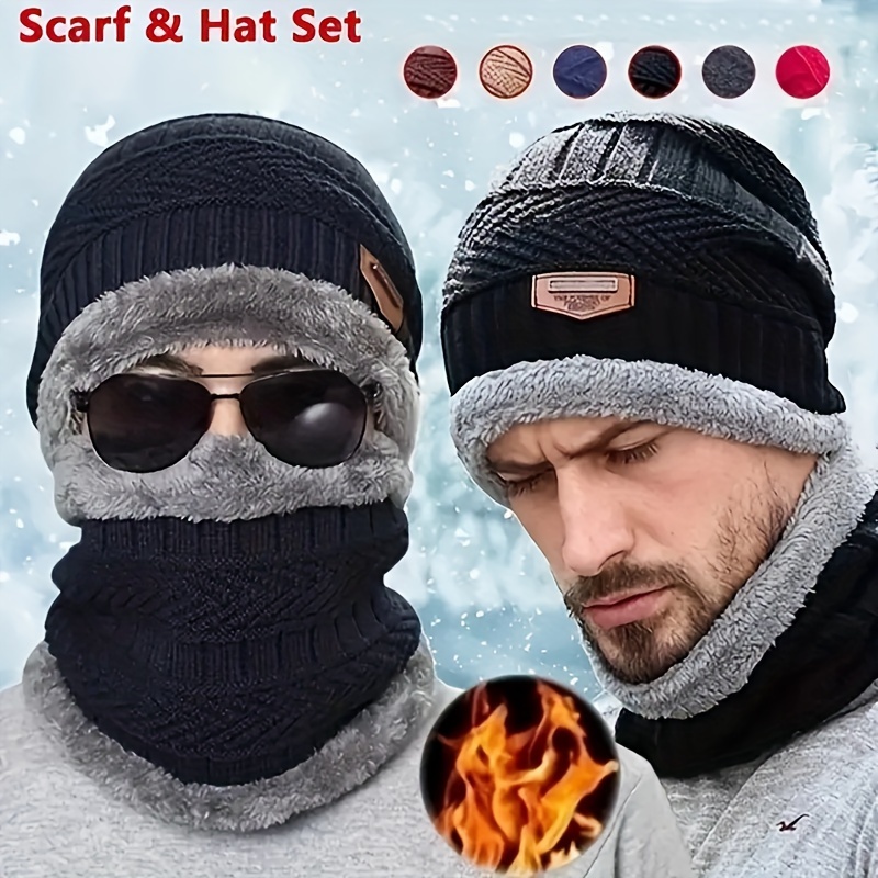 

2pcs Winter Thickened Warm Knitted Hat & Neck Gaiter, Men's Large Size Cold Ear Protection Versatile Fashion Hat, Ideal Choice For Gifts